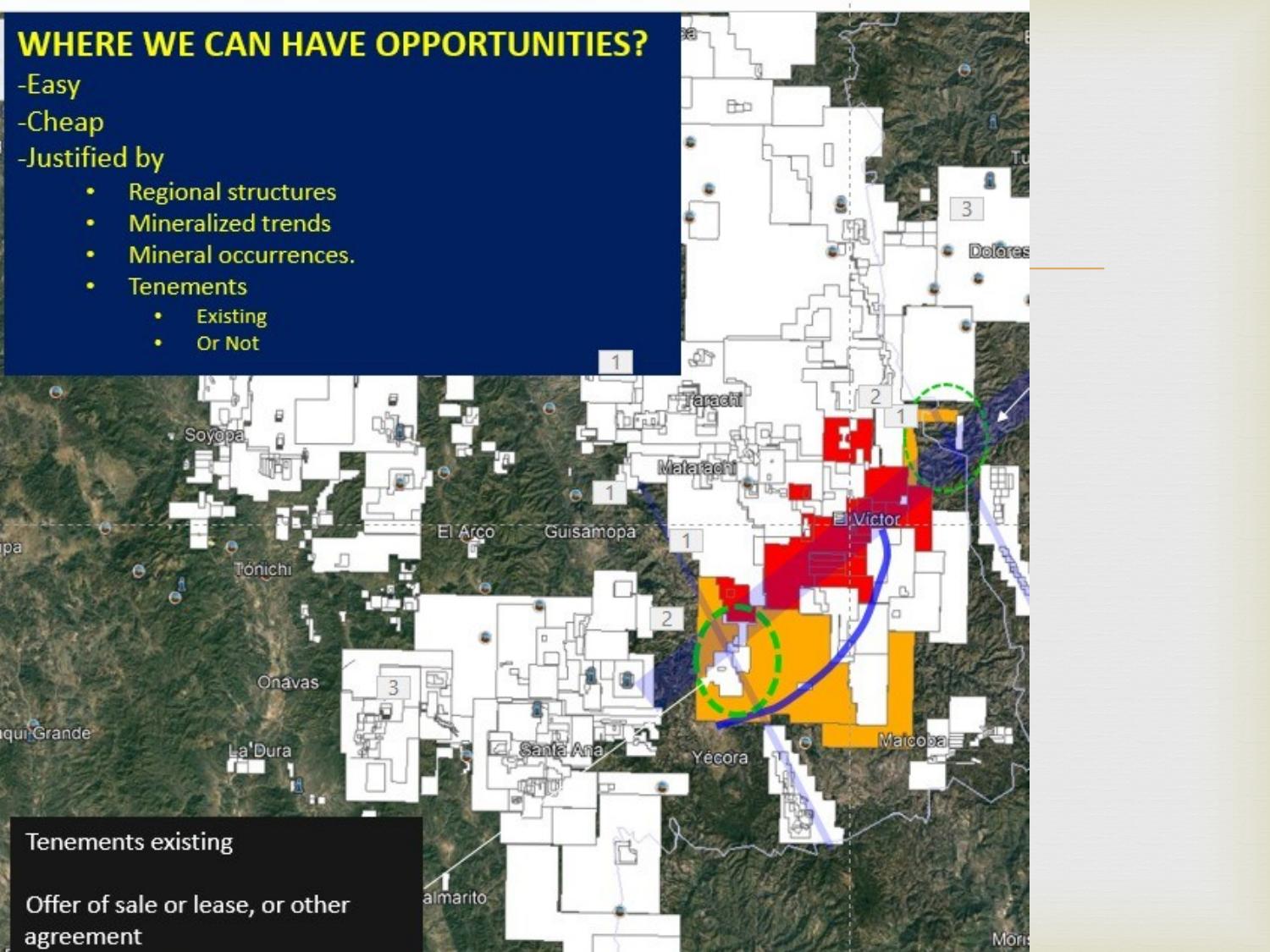 Regional map showing Mulatos district tenement positions and opportunity areas