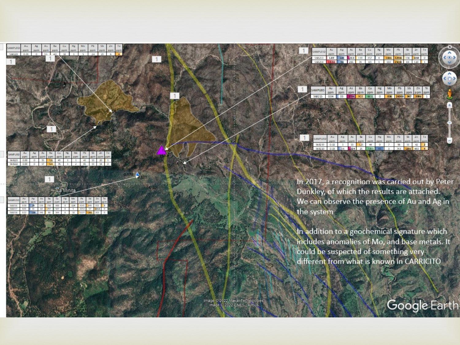 Google Earth geochemical data overlay — Peter Dunkley 2017 Au-Ag reconnaissance
