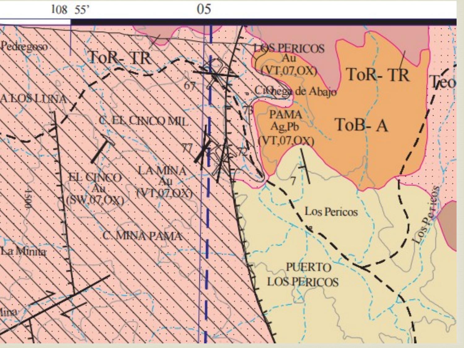 Regional geological map showing ToR-TR and ToB-A units, PAMA and Los Pericos structures