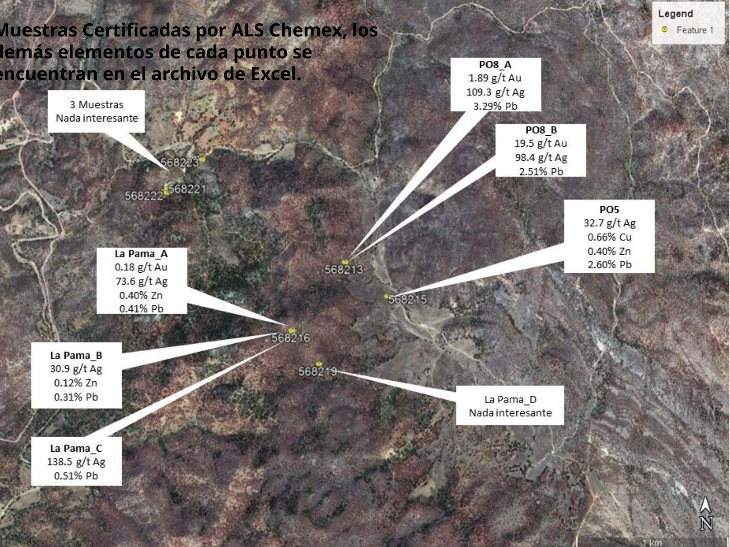 Satellite map with ALS Chemex certified assay results plotted at sample locations