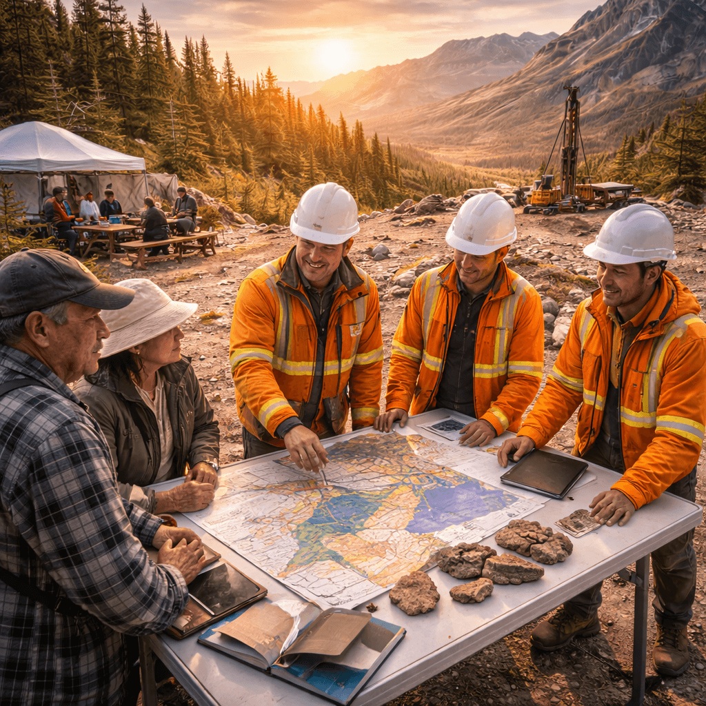 Geologists and community representatives collaborating at the Cowtrail project site at sunset