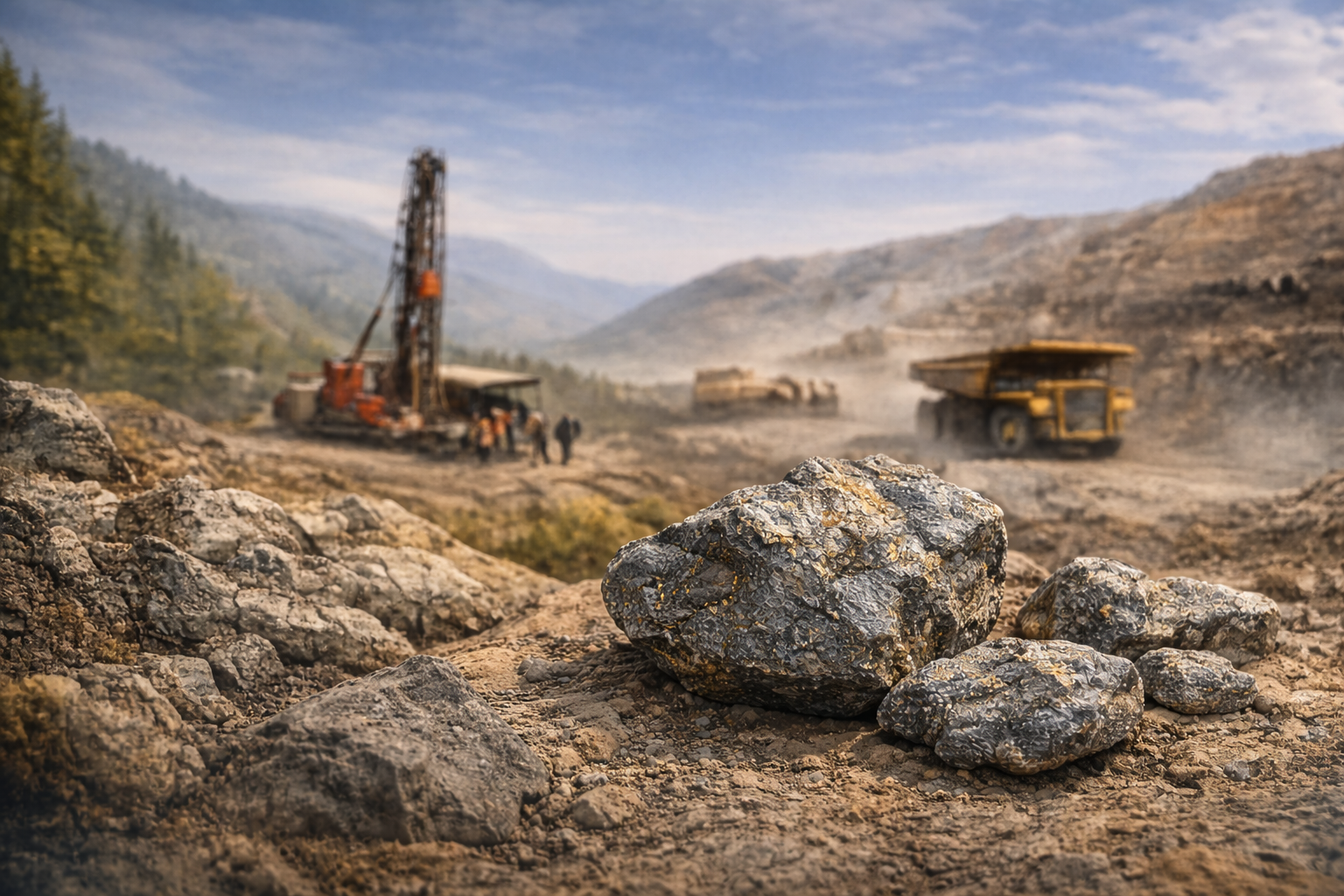 Modern mineral exploration operations at BRS Resources site — drone, drill rigs, and geological data analysis